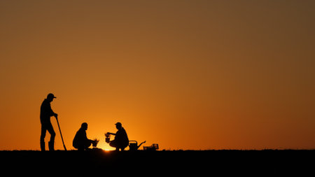 A group of farmers plant seedlings in a field. Farmers silhouettes at sunsetの写真素材