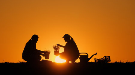 Two women plant a plant in a field at sunset, water it from a hand-held sprinklerの写真素材