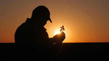 The silhouette of a male farmer is seen studying a plant, standing in a field at sunset.の写真素材
