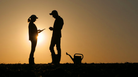 Two farmers talking in a field at sunset. Discussing a planting plan