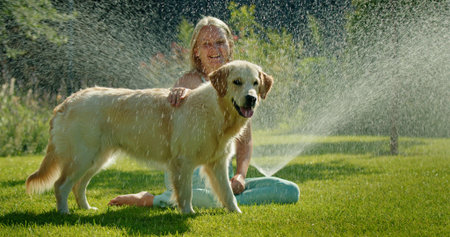 A woman and her Golden Retriever enjoy a refreshing spray of water in a sunny garden, creating a joyful moment together.の写真素材