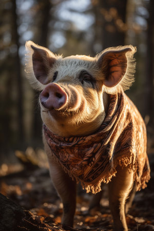 Cute pig covered with a blanket for a walk. AI genaratedの写真素材