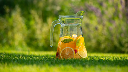 Pitcher of citrus lemonade on the green grass in a garden with vibrant flowers in the backgroundの写真素材