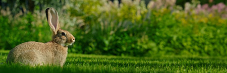 Wide shot of A cute gray rabbit on green grass on a warm summer day.