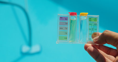 A hand holds a water test kit over a bright blue pool, with sunlight reflecting off the waters surface.の写真素材