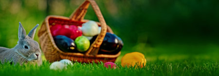 A cute rabbit sits on the green grass next to a basket filled with fresh seasonal vegetables.