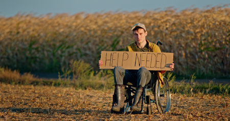 A man in a wheelchair holding a HELP NEEDED sign in a dry field at sunset.の写真素材
