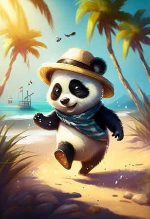 A funny panda in a hat walks merrily against the backdrop of palm treesの写真素材