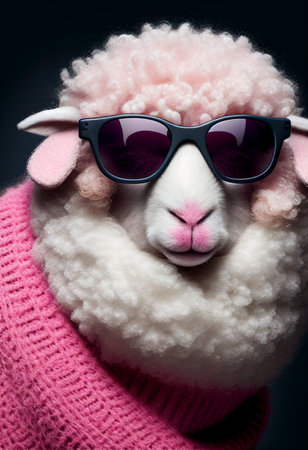 Sheep with pink wool wearing sunglasses. AI Generatedの写真素材