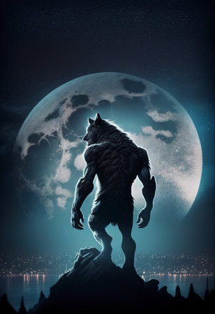 Silhouette of a scary werewolf against the background of the full moon. AI Generatedの写真素材