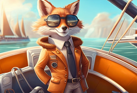Funny fox in a jacket and sunglasses travels on a yacht. AI Generated