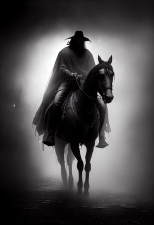 Black rider on a horse during the fog. AI Generatedの写真素材
