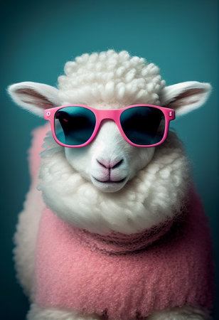 Sheep with pink wool wearing sunglasses. AI Generatedの写真素材