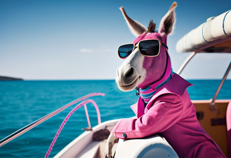 Funny donkey in a pink jacket and sunglasses rides on a yacht. AI Generatedの写真素材