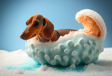 Bathing a dachshund.の写真素材