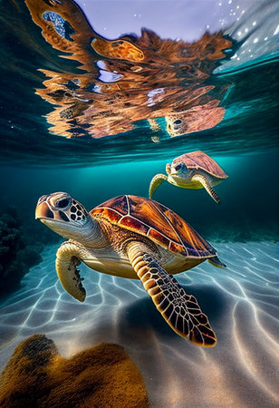 Turtles swim on ocean. AI Generatedの写真素材
