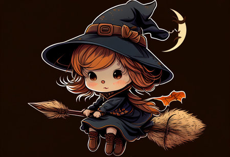 A funny little witch in a cap flies on a fairy broom for a holiday. AI Generatedの写真素材