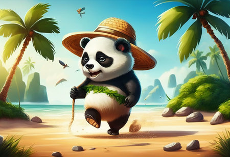 A funny panda in sunglasses and a hat walks merrily against the backdrop of a seascapeの写真素材