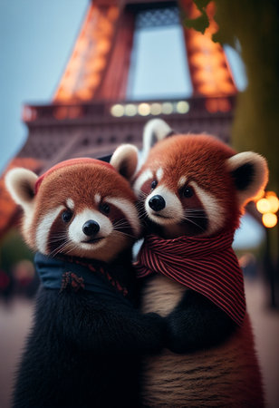 Cute red pandas in front of the Eiffel Tower. AI Generatedの写真素材
