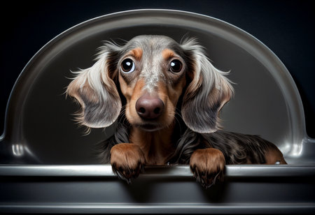 Bathing a dachshund in a van.の写真素材