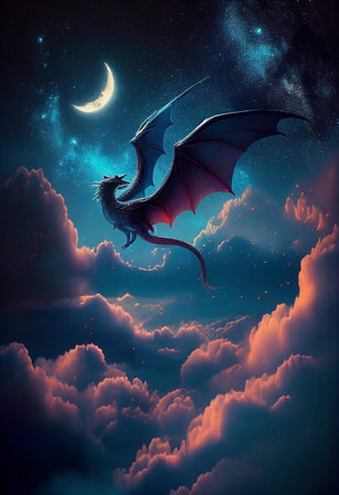 The dragon flies into the distance above the night clouds. AI Generatedの写真素材