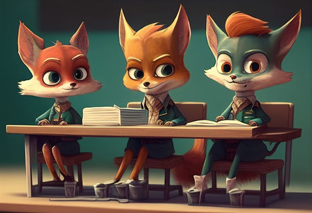 Little foxes sit at school desks, cartoon style characters. AI Generatedの写真素材