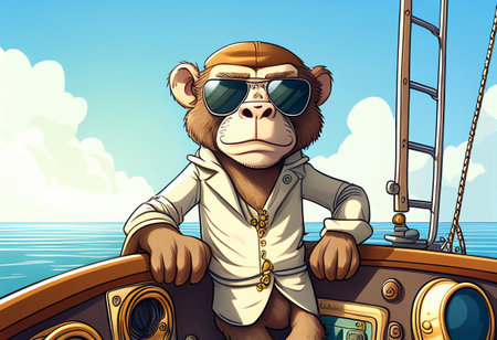 Funny monkey in a jacket and sunglasses travels on a yacht. AI Generatedの写真素材