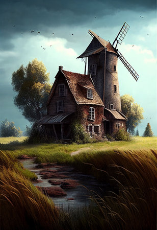 Old mill in the field. AI Generatedの写真素材