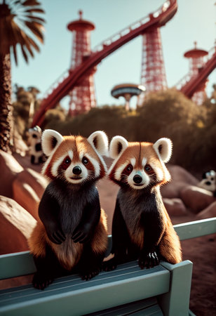 Cute red pandas on the background of an amusement park. AI Generatedの写真素材