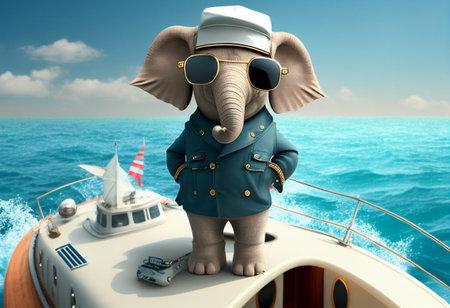 An elephant in a jacket and sunglasses travels on a yacht. AI Generatedの写真素材