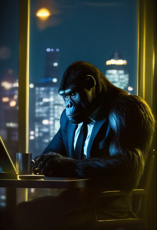 Gorilla sits in front of a laptop in the office. AI Generatedの写真素材