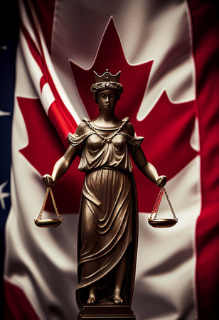 Symbol of justice on the background of the flag of Canada. AI Generatedの写真素材