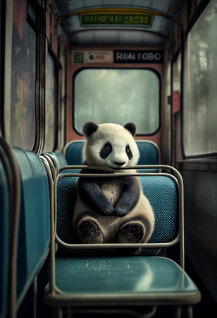 Panda rides in a trolleybus sitting in the passenger seat, animation style. AI Generatedの写真素材