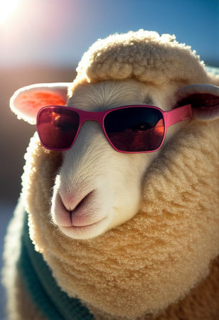 Sheep with pink wool wearing sunglasses. AI Generatedの写真素材