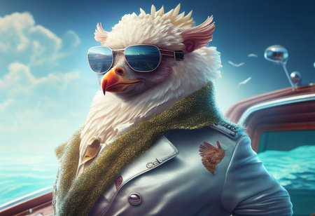 Funny chicken in a jacket and sunglasses traveling on a yacht. AI Generatedの写真素材