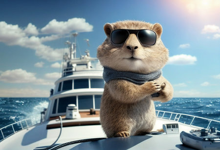 Funny gopher in a jacket and sunglasses traveling on a yacht. AI Generatedの写真素材