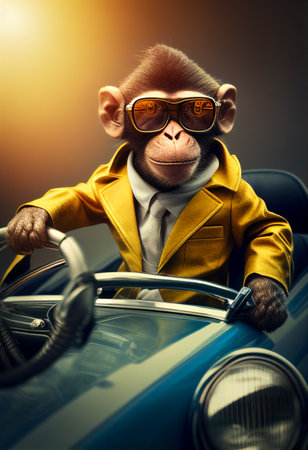 A funny monkey in a jacket and sunglasses sits behind the wheel of a car. AI Generatedの写真素材