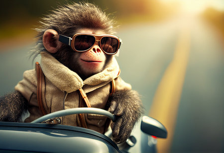 A funny monkey in a jacket and sunglasses sits behind the wheel of a car. AI Generatedの写真素材