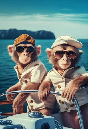 Funny monkeys in jackets and sunglasses traveling on a yacht. AI Generatedの写真素材