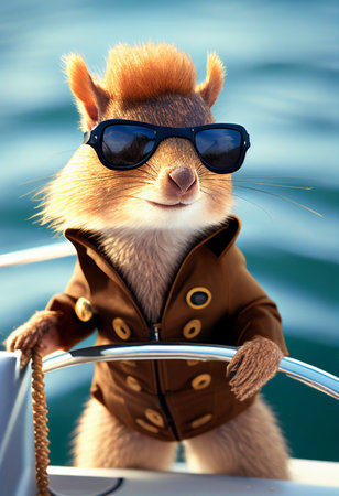 Funny squirrel in a jacket and sunglasses traveling on a yacht. AI Generatedの写真素材
