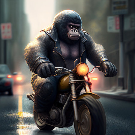A gorilla in a leather jacket and helmet rides a motorcycle. AI Generatedの写真素材