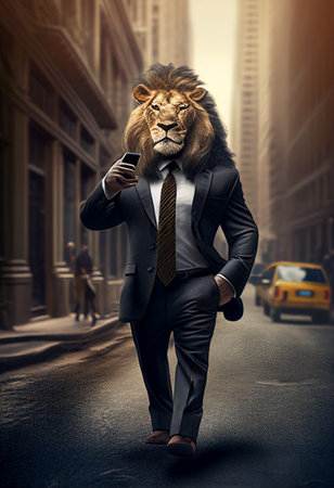 A lion in a black business suit with a cell phone in his hands. AI Generatedの写真素材