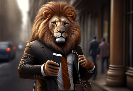 A lion in a black business suit with a cell phone in his hands. AI Generatedの写真素材