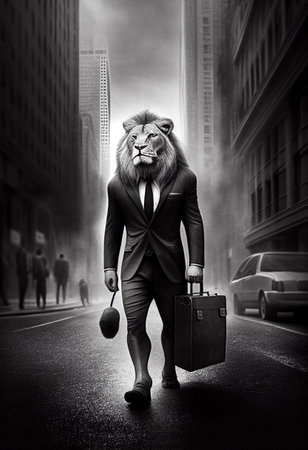 A lion in a business suit and a cup of coffee walks around the city. AI Generatedの写真素材