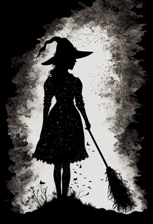 Silhouette of a young witch with a broom. AI Generatedの写真素材