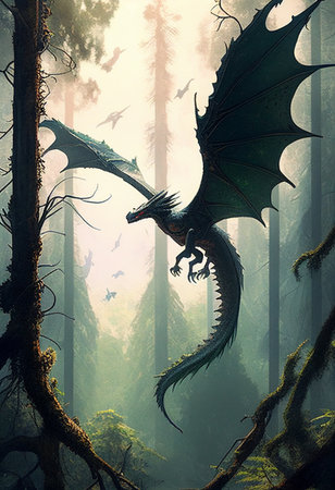 A large dragon flies in the forest. AI Generatedの写真素材