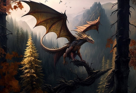 A large dragon flies in the forest. AI Generatedの写真素材