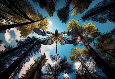 A dragonfly flies over the treetops.