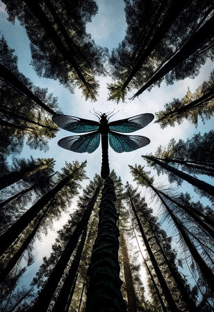 A dragonfly flies over the treetops. AI Generatedの写真素材