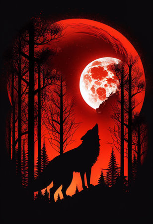 The wolf looks up at the red moon. AI Generatedの写真素材